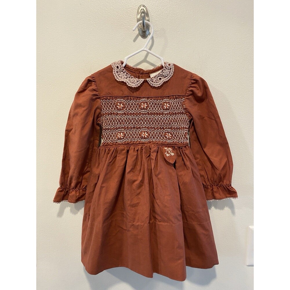 Vintage Polly Flinders Girls Hand Smocked Dress Terracotta Lace Size 4 Prairie